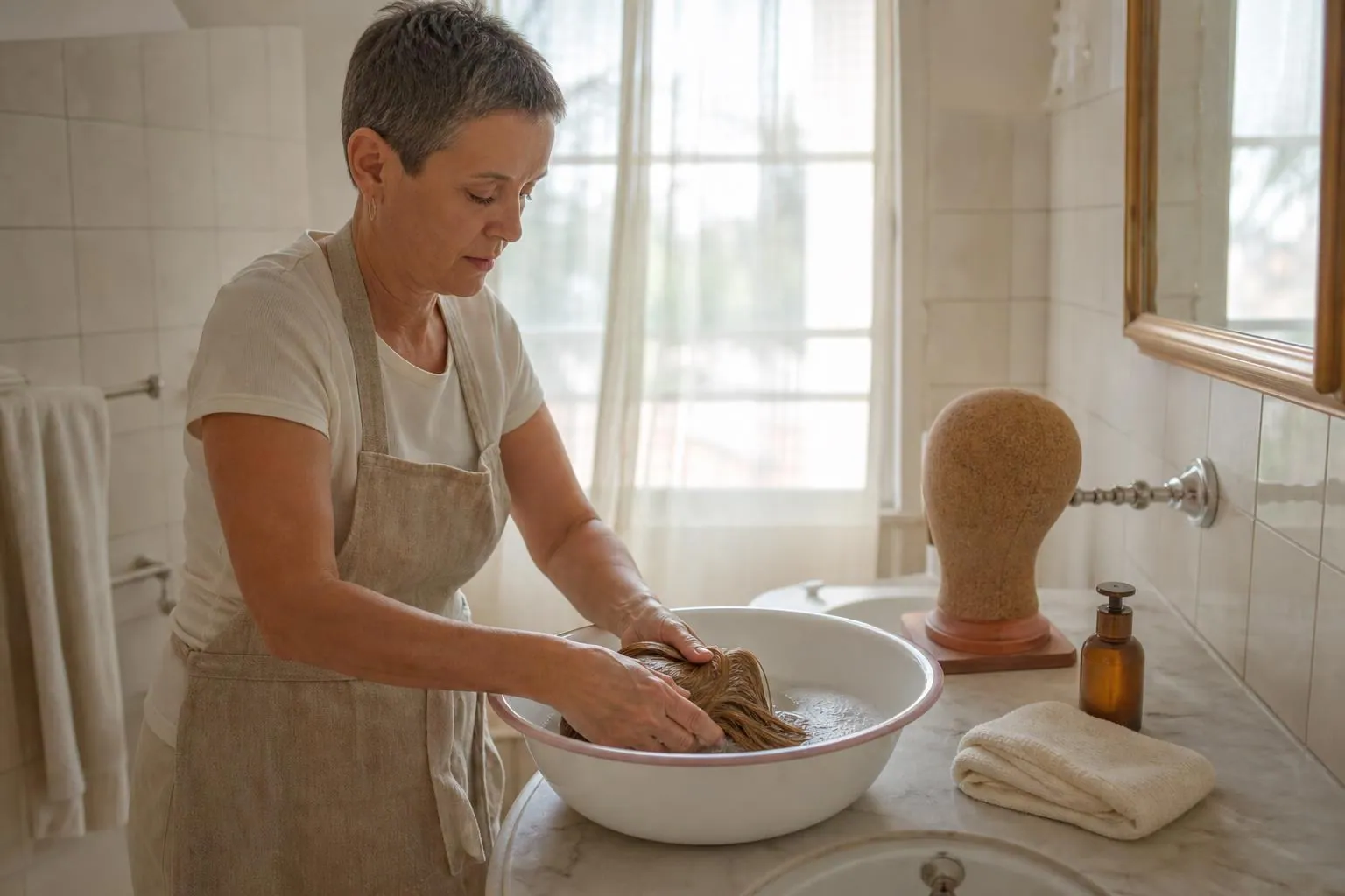 Femme lavant une prothèse capillaire dans une bassine émaillée puis la posant à sécher sur une tête support près d’une fenêtre