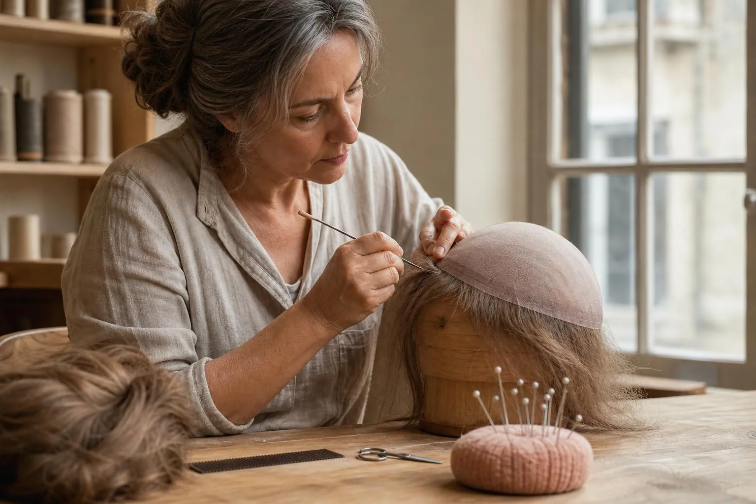Artisane implantant des cheveux un par un sur un bonnet de prothèse capillaire tendu sur une tête support en bois, dans un atelier clair