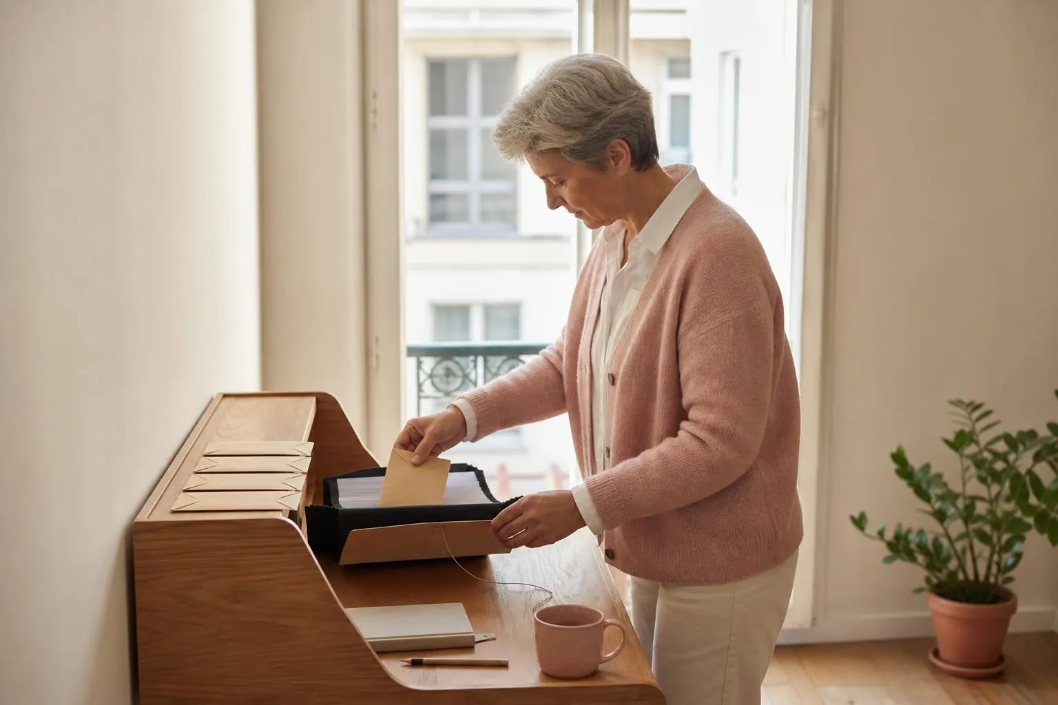 Femme debout devant un secrétaire en bois clair rangeant des enveloppes kraft dans un classeur à soufflets près d’une fenêtre