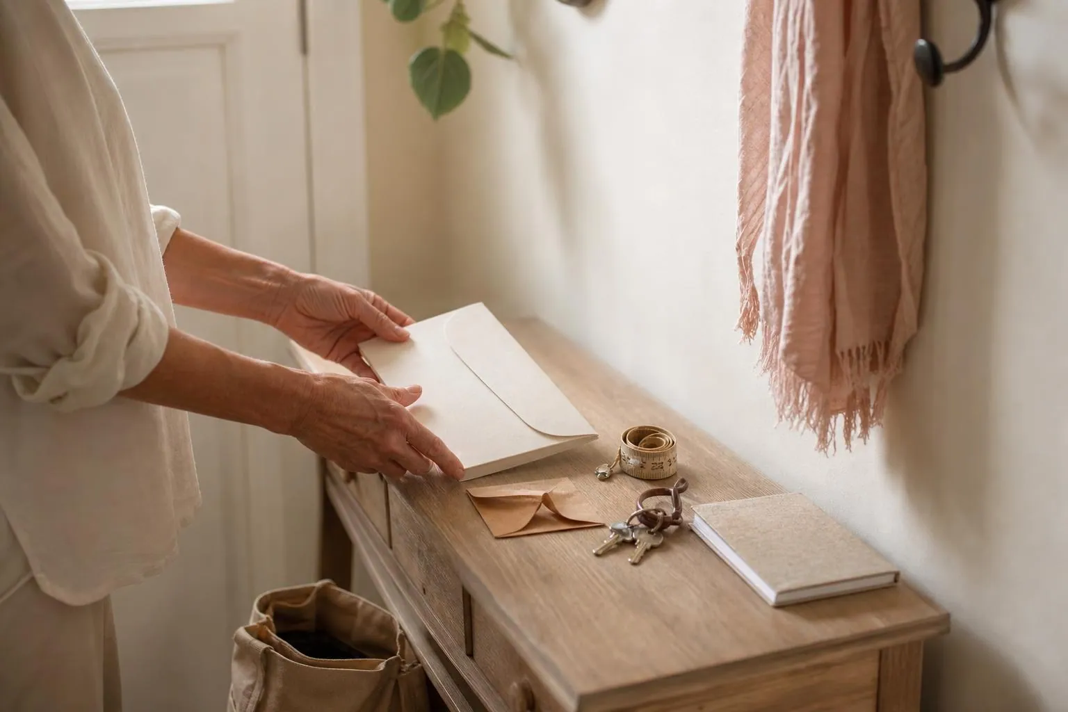 Mains de femme posant une pochette cartonnée, une enveloppe kraft et un mètre ruban sur une console d’entrée près d’un sac en toile