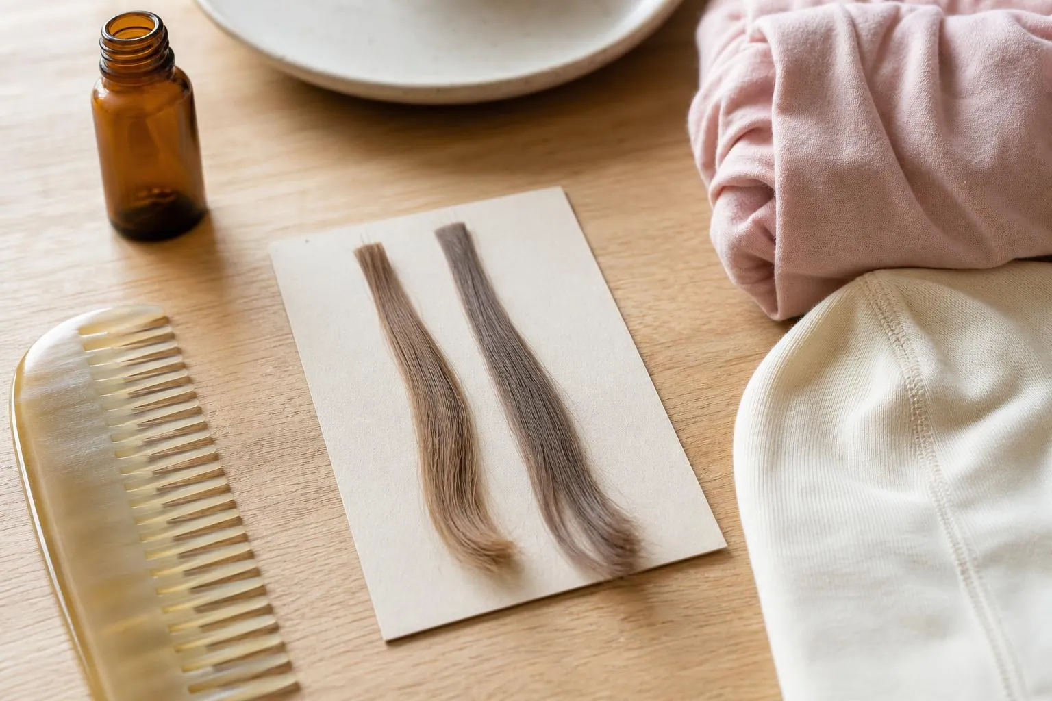 Vue rapprochée d’un plan de travail avec deux mèches de fibre côte à côte, un turban en coton plié et un bonnet en jersey crème