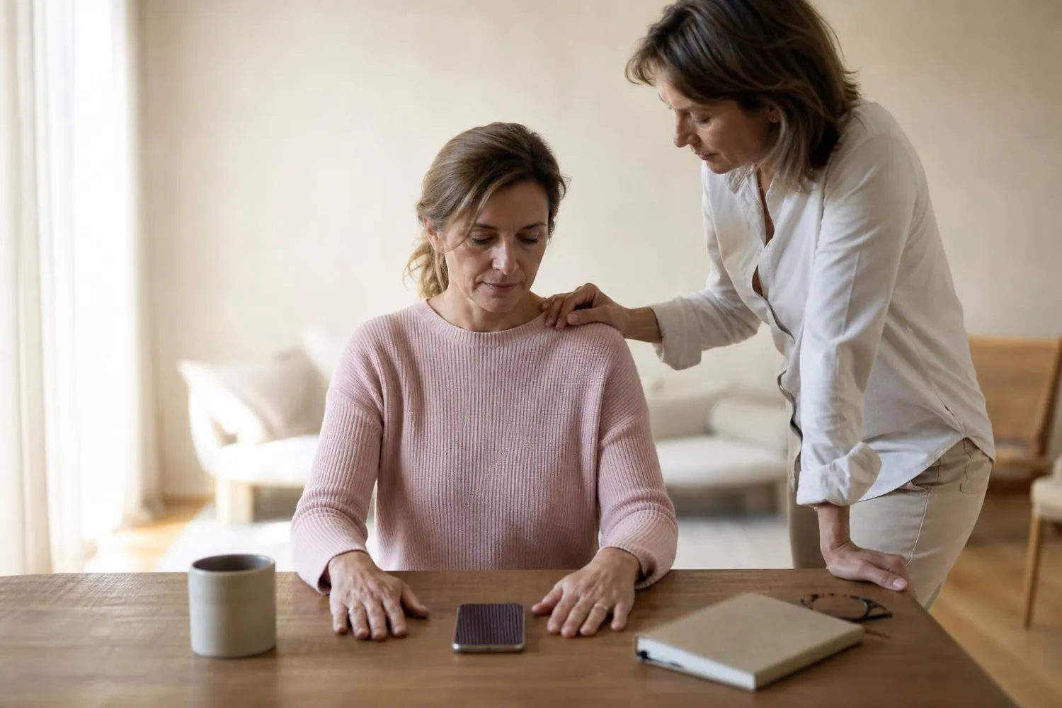 Femme d’une quarantaine d’années assise à sa table de salle à manger, une amie debout derrière elle la main posée sur son épaule, dans une lumière de fin de matinée