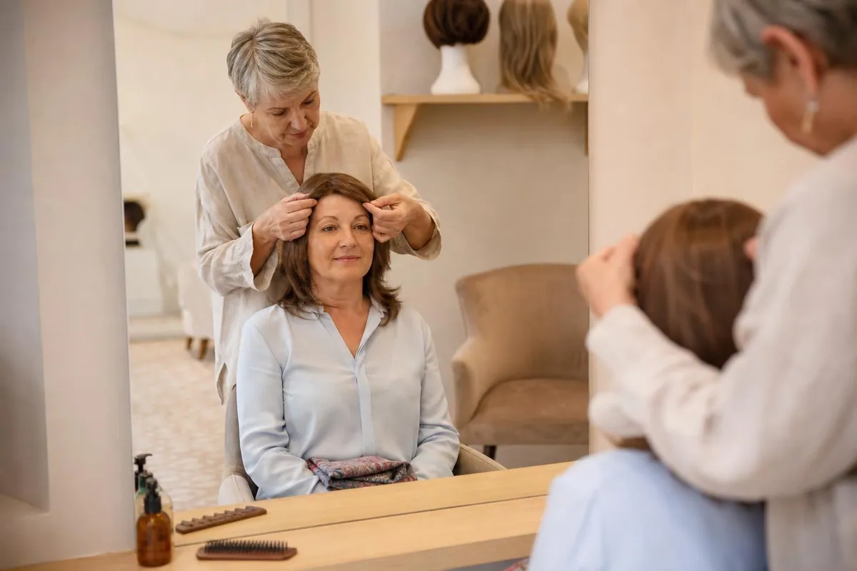 Prothésiste capillaire ajustant le bonnet d’une prothèse capillaire sur une cliente assise devant un miroir dans un salon clair